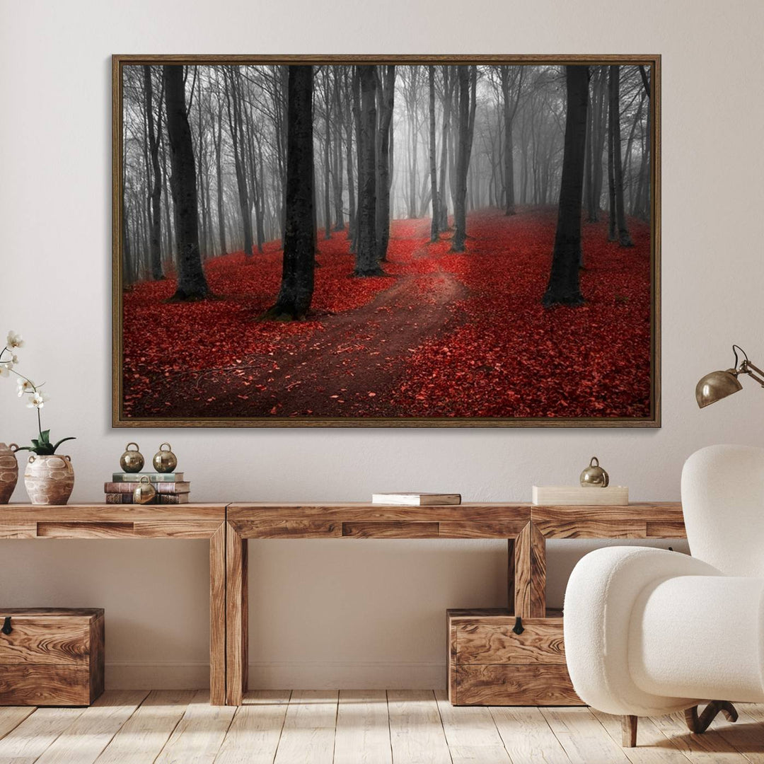 Wonderful Forest artwork: Triptych with red leaves, ideal for nature lovers.