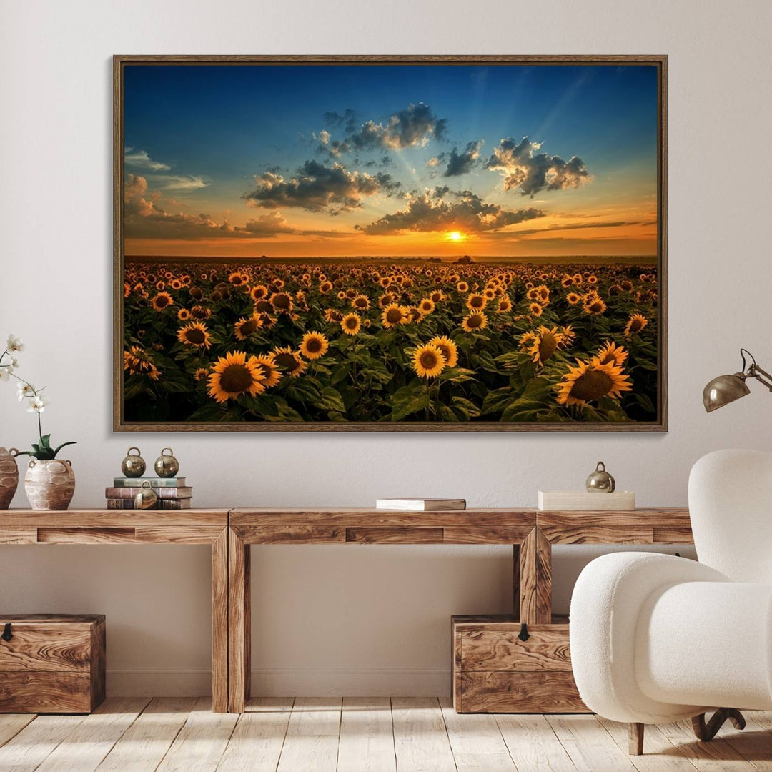 The dining area features the Sunflower Field Sunset Wall Art Canvas Print.