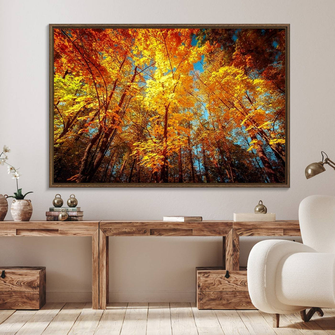 Forest View at Fall Wall Art hangs prominently, showcasing its beauty.