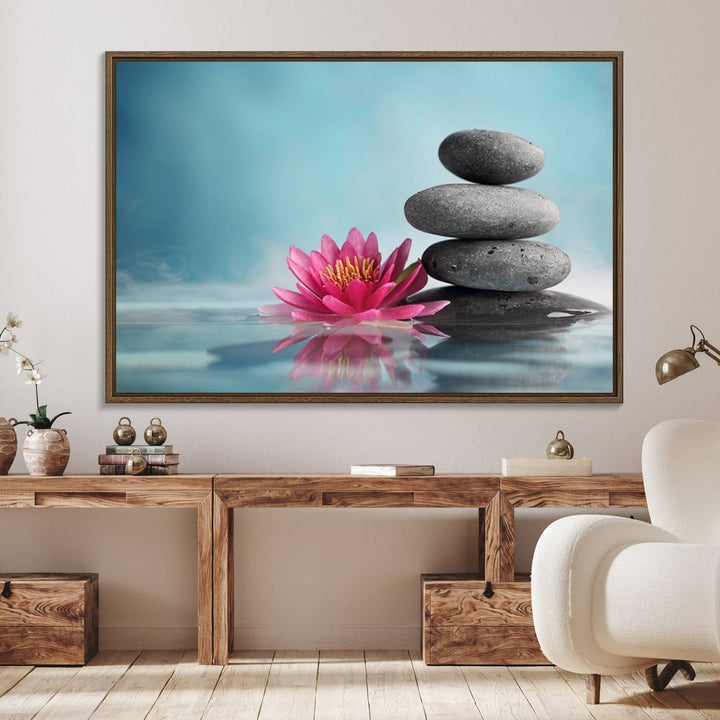 The dining room features a Zen Serenity Triptych wall art, showcasing a calming depiction of lotus flowers and balancing stones.