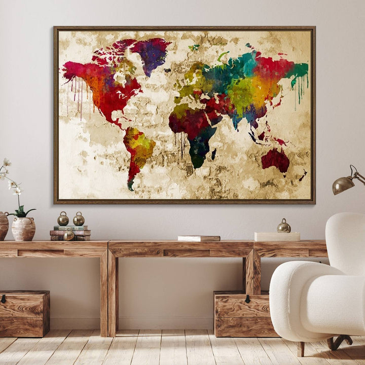 The Rainbow Colored Vintage World Map Canvas Print decorates the room.
