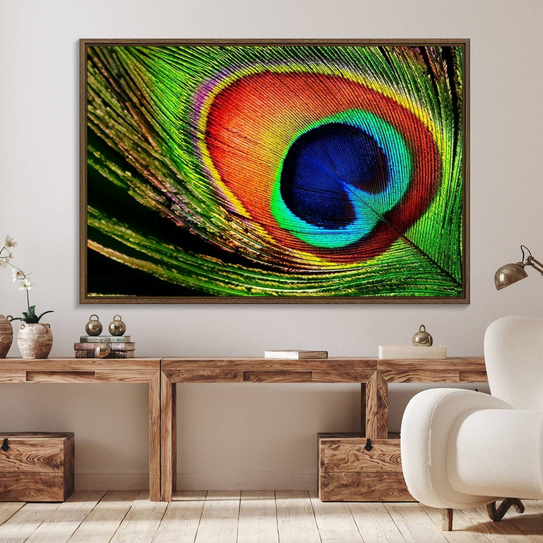 The Colorful Peacock Feather Wall Art Print graces the wall.