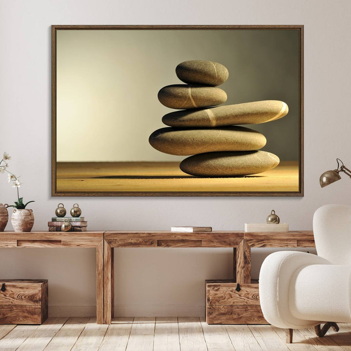 The Yellow Zen Stones on Yellow Background Wall Art is a striking feature in this minimalist kitchen.