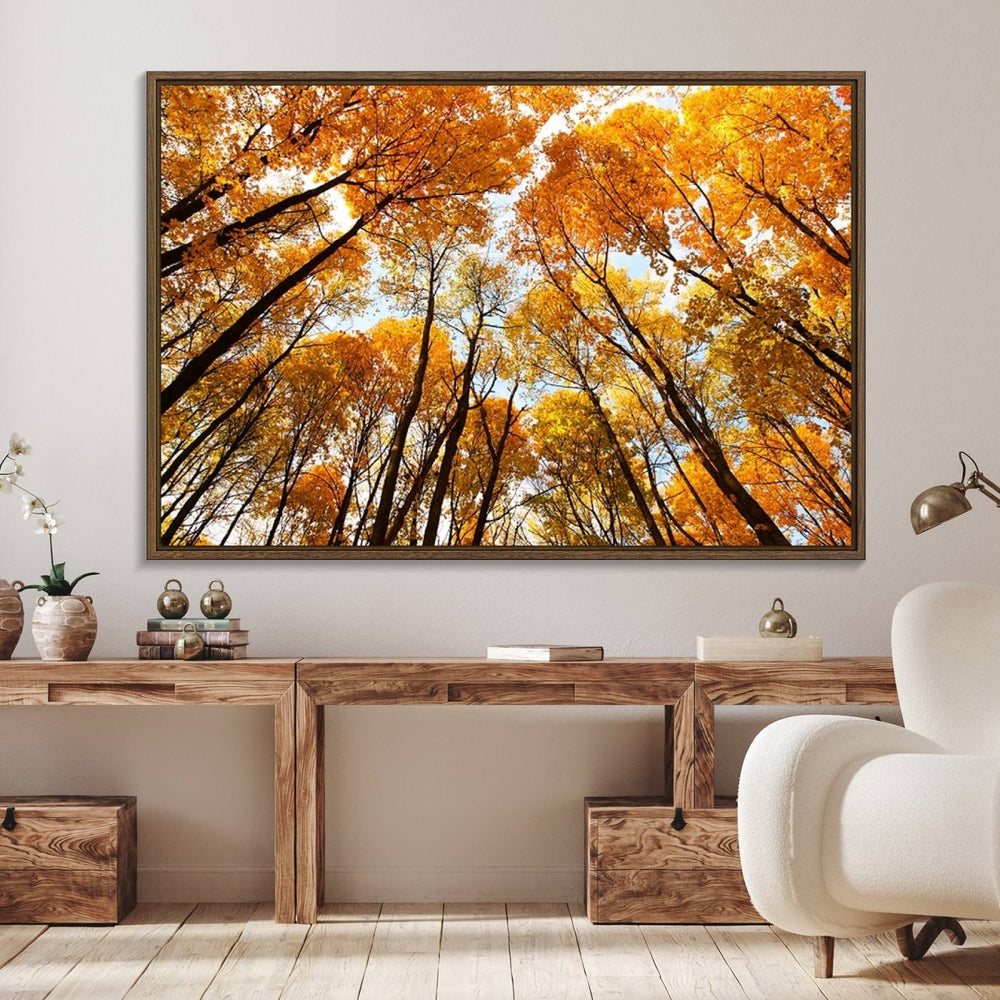 A Golden Autumn Forest Wall Art Print under a clear blue sky.