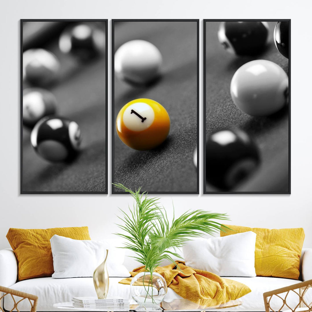 The Black and White Concept Billiard Balls Canvas Print elevates the space with museum-quality charm.