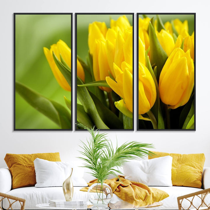 The Wall Art Yellow Tulips Canvas Print on a green background is featured.