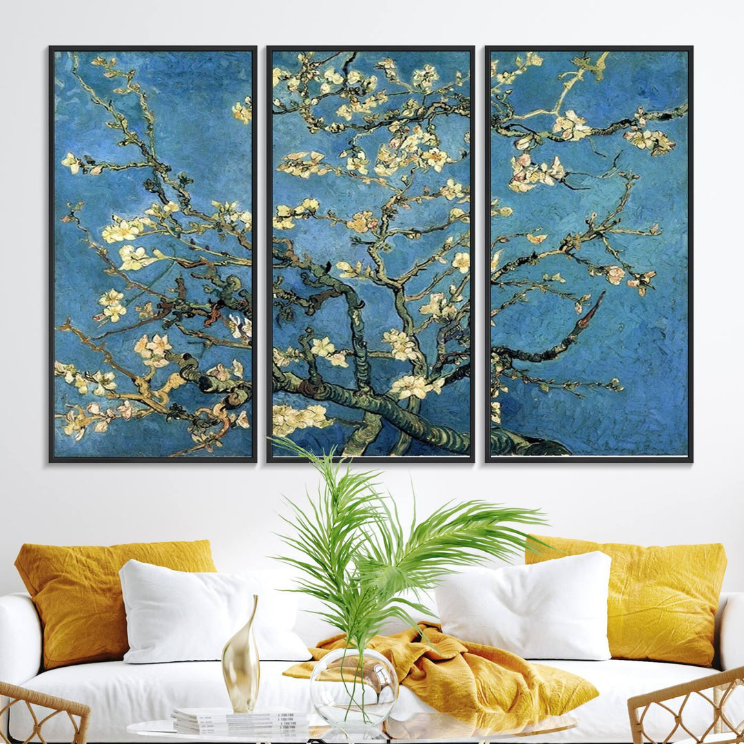 A Van Goghs Almond Blossom canvas print adds a touch of elegance to the wall.