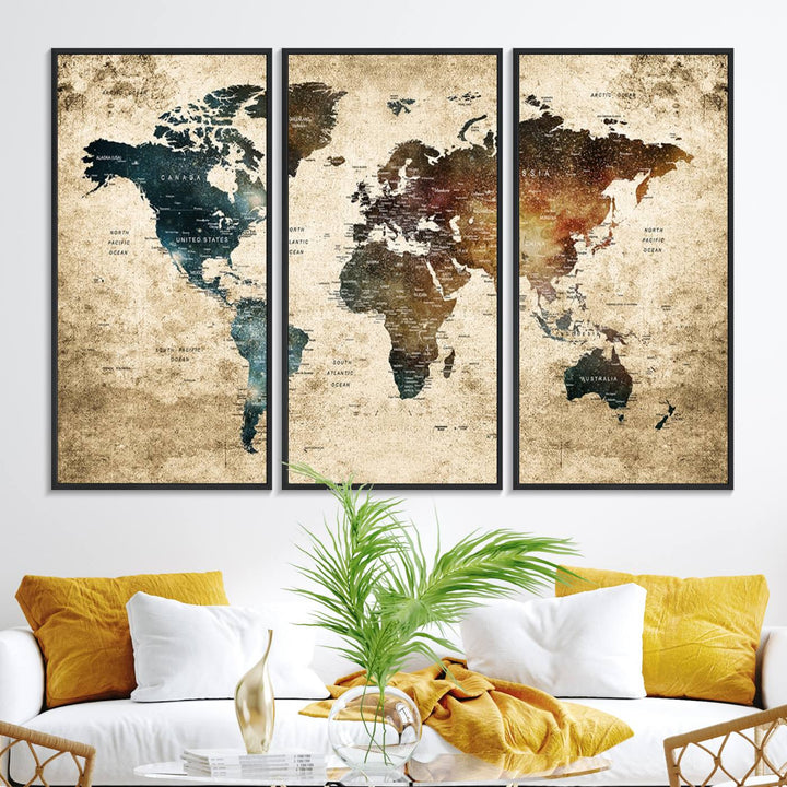 Vintage World Map Canvas Wall Art, perfect for antique-style decor, displayed against a light wood wall.