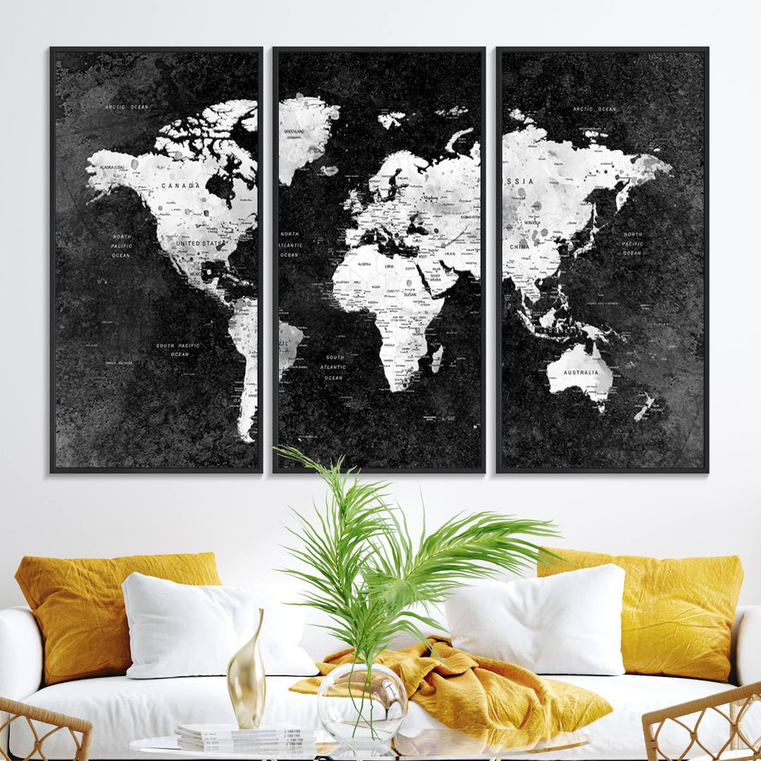 The dining room features a Modern Grayscale World Map 3-Panel Canvas Art as its focal point.