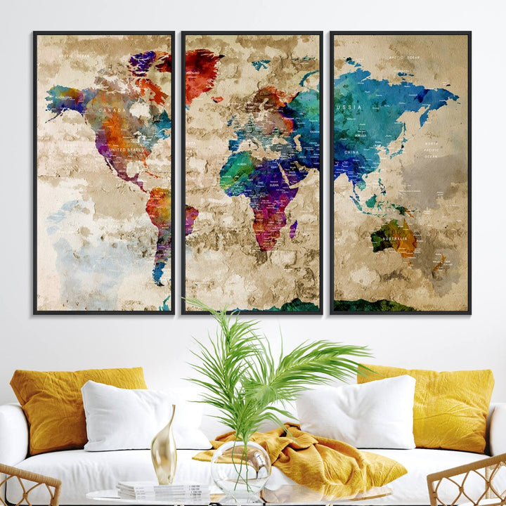 An Abstract Large Watercolor World Map Canvas Print hangs prominently.