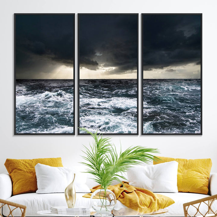 A Dark Clouds Stormy Sea canvas print, ready to hang, enhances the room.