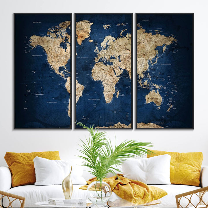 Classic Vintage Blue World Map Canvas Print featuring beige continents against a deep blue background.