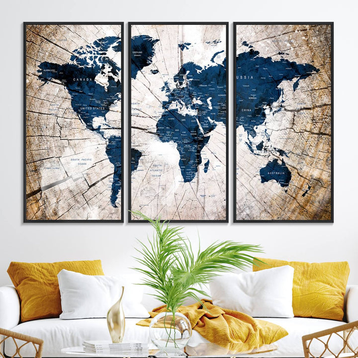 The Vintage World Map on Grunge Background Canvas serves as the focal point of the room.