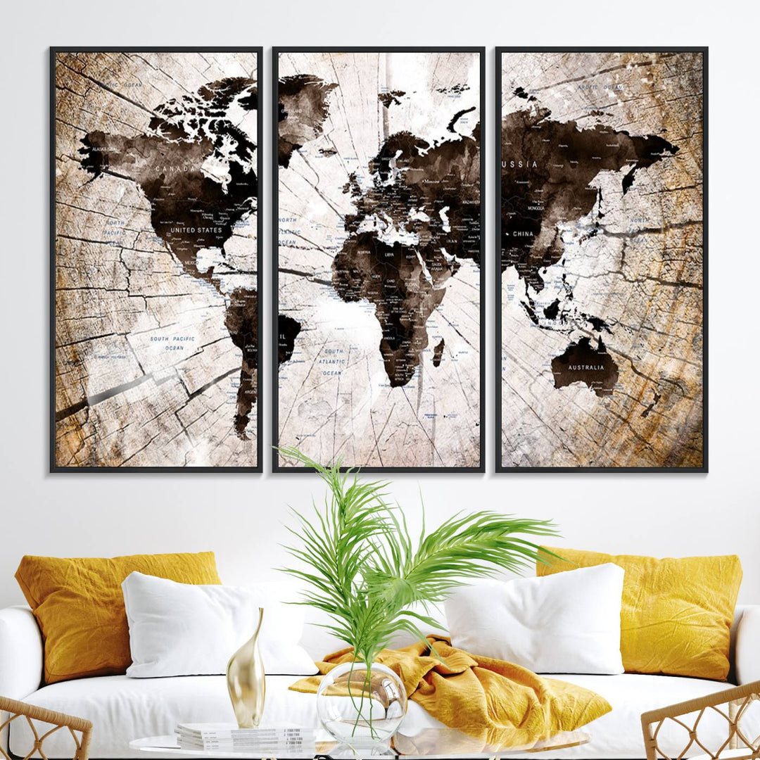 The Tree Ring World Map Canvas hangs above the table, blending into the nature-inspired setting.