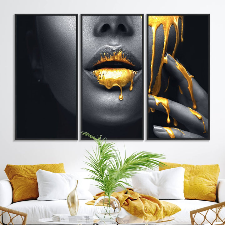 The Gold Lips and Black Woman Makeup Canvas Print features a chic monochrome face design, making it ideal for a modern dining room.