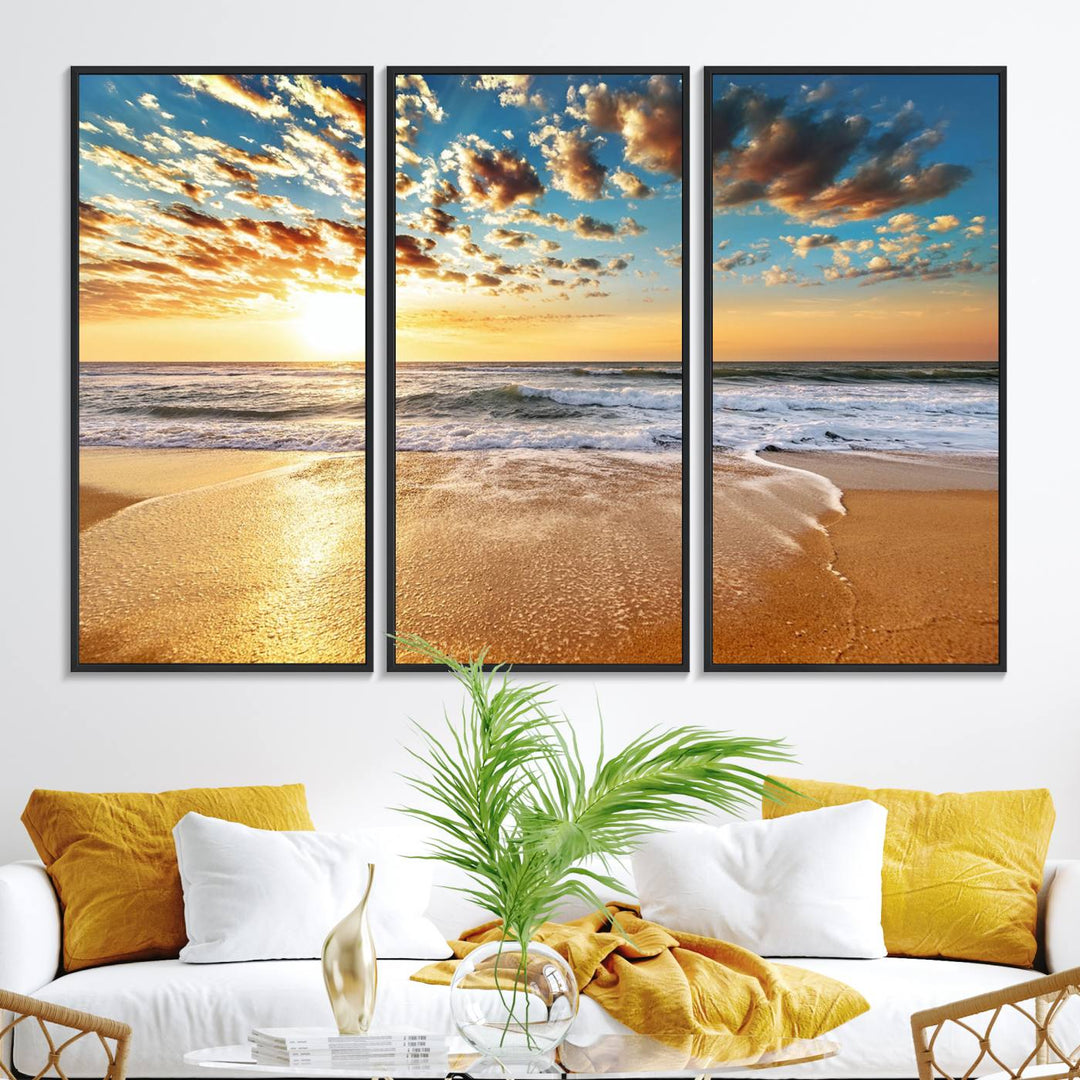 A gallery-wrapped canvas titled Soothing Sunset on Calm Beach is featured.