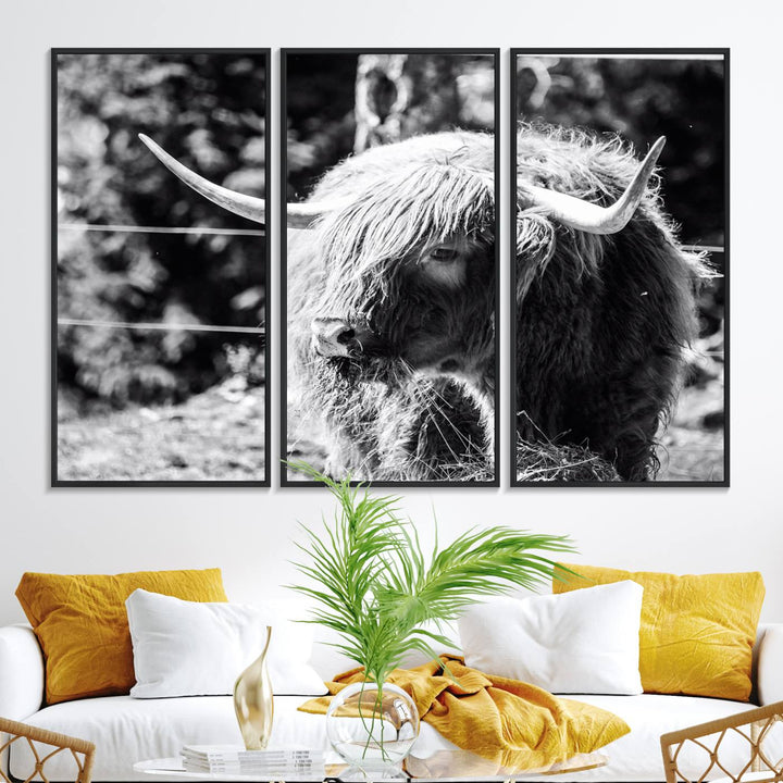 The black and white Highland Cow Canvas Wall Art adds farmhouse elegance to the space.