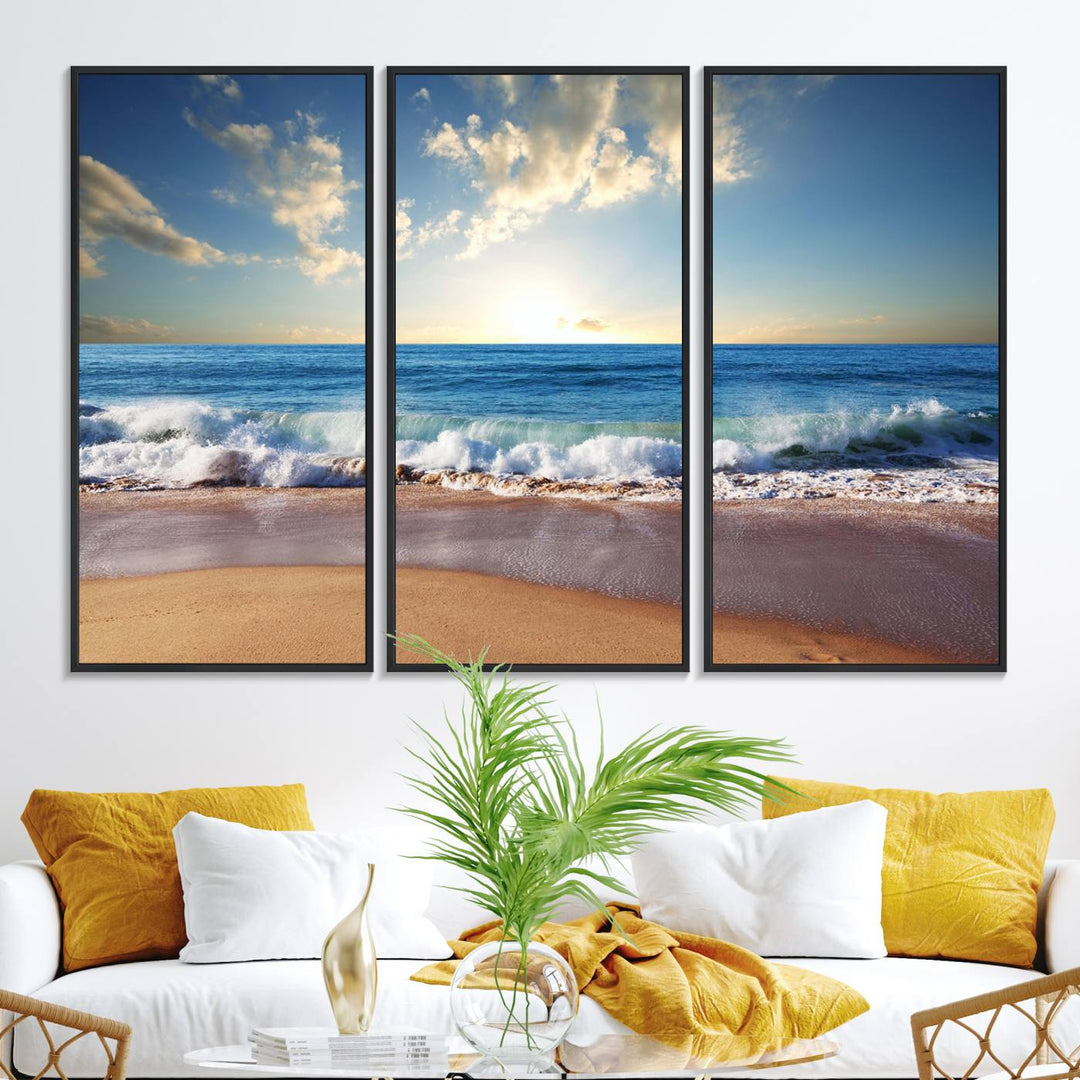 The dining room features a Coastal Tropical Beach Sunset canvas wall art.