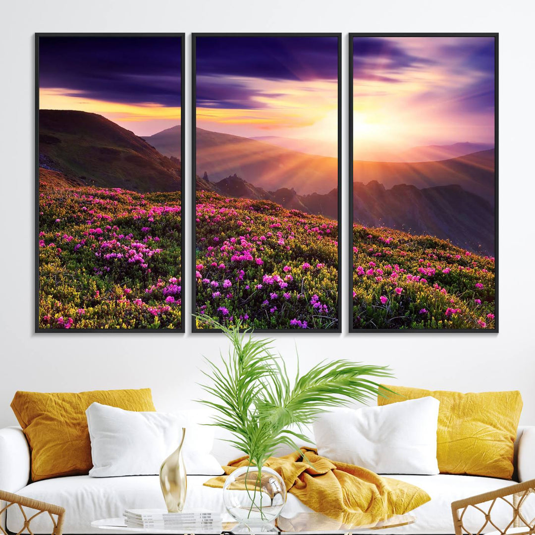 Gallery-wrapped wall art of a stunning mountain sunset and purple flowers.