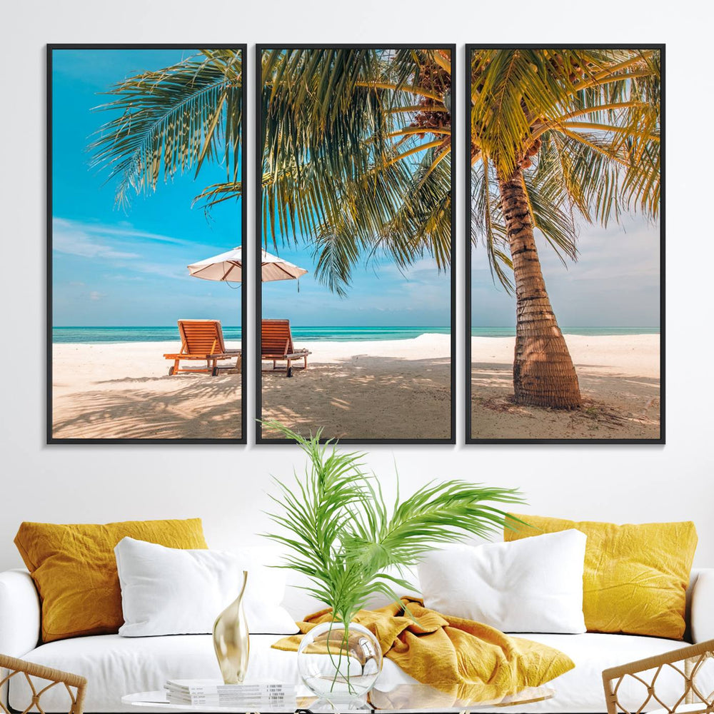 The 3-panel Tropical Beach Wall Art features palm trees and sun loungers, perfect for coastal decor.