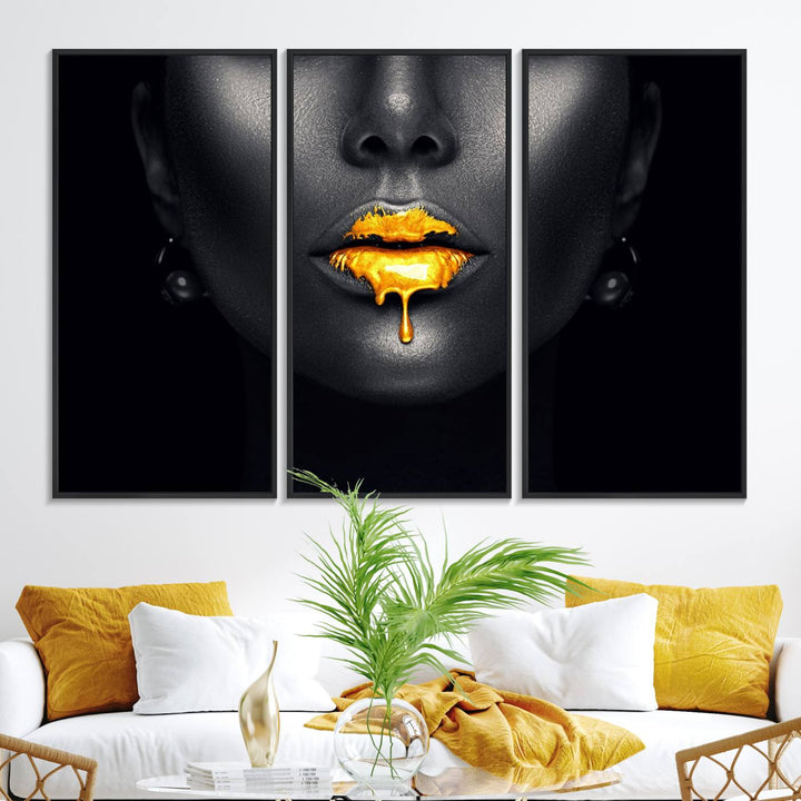 The Honey Gold Lips and Black Woman Photograph canvas print adds a striking touch to the room.