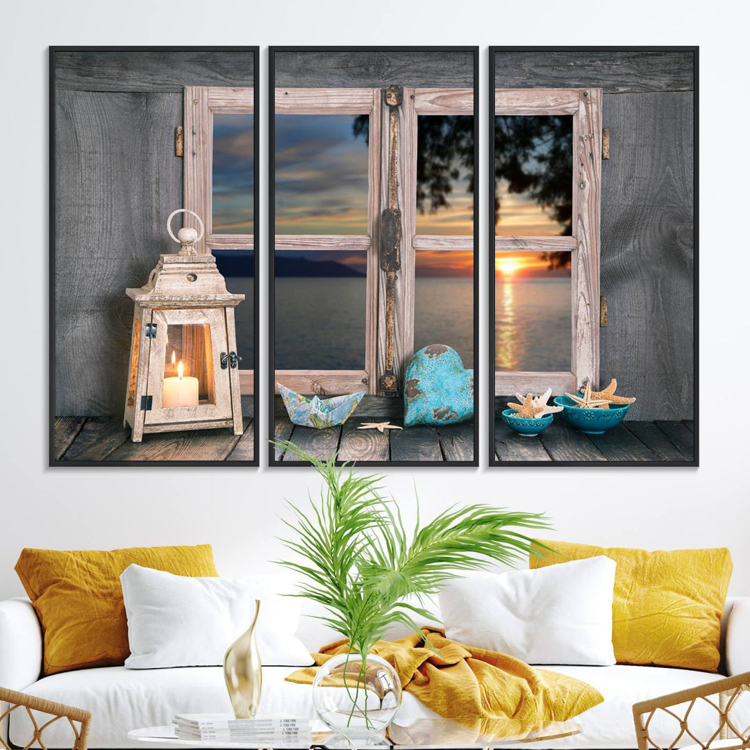 The Astonishing Sunset from the Window canvas print beautifully captures a sea view, accompanied by a lantern and starfish.