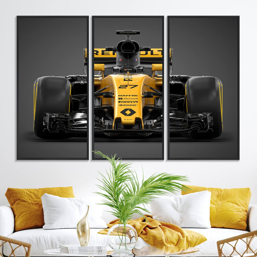 A yellow and black F1 Renault car canvas print with free shipping.