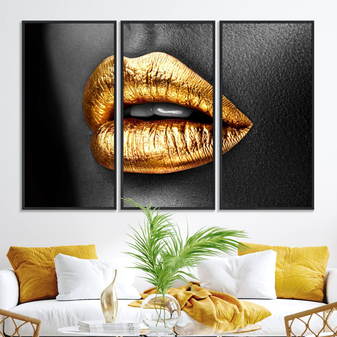 The Gold Lips Canvas Wall Art on a black background is showcased.