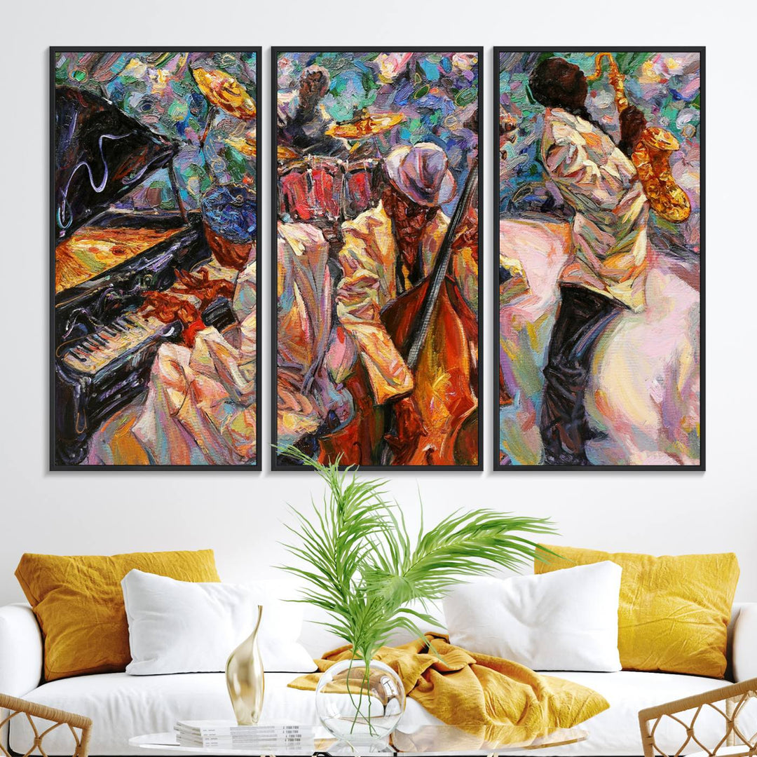 The wall features an African American Jazz Art Music Abstract Painting on Canvas.