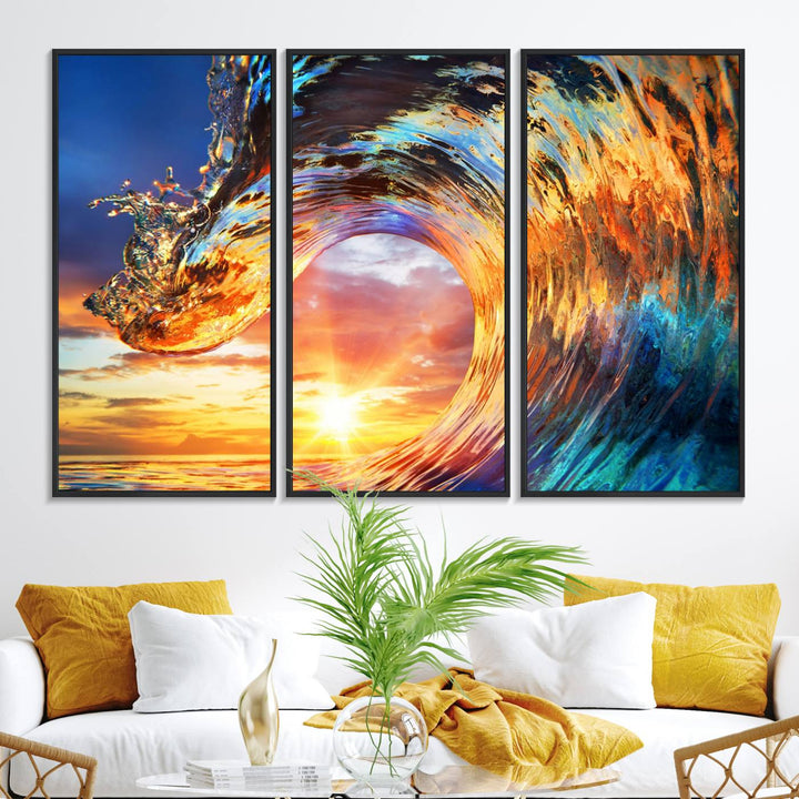 Wave Canvas Wall Art: A multi-panel sunset ocean scene that adds vibrant decor to any space.