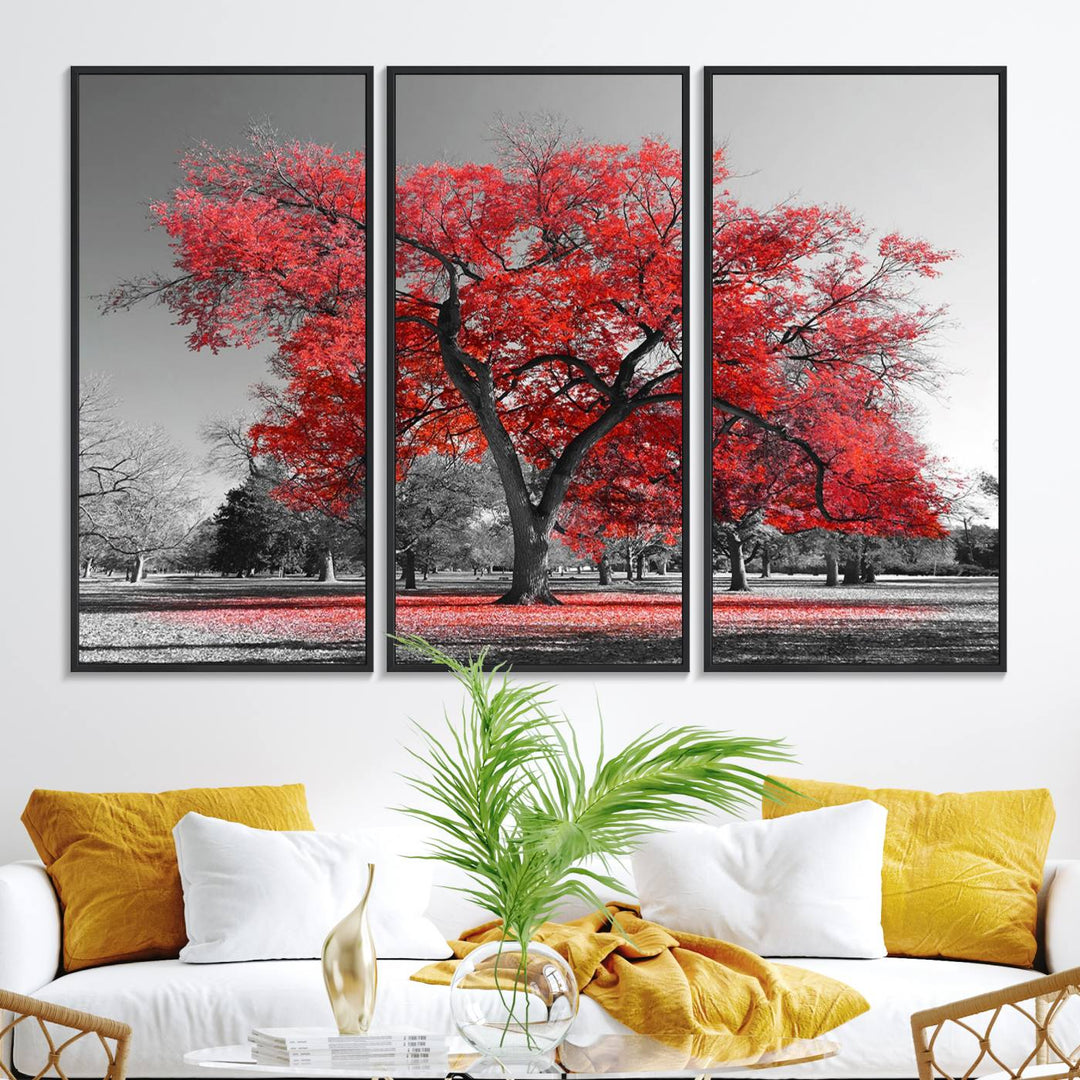 A Red Autumn Tree Canvas Wall Art Print of red leaves.