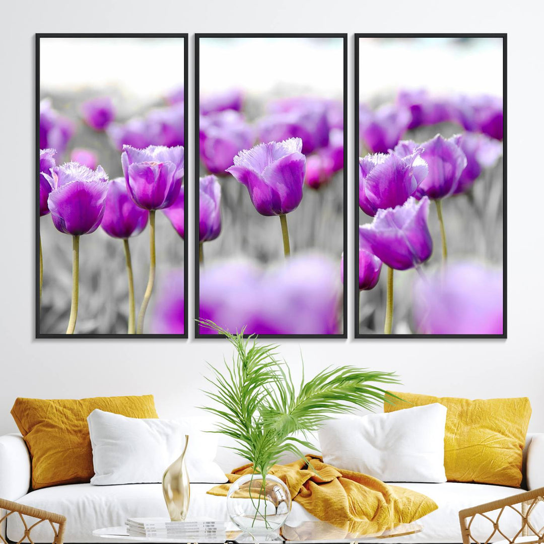 A gallery-wrapped Tulip Fields canvas wall art in a vivid purple hue.