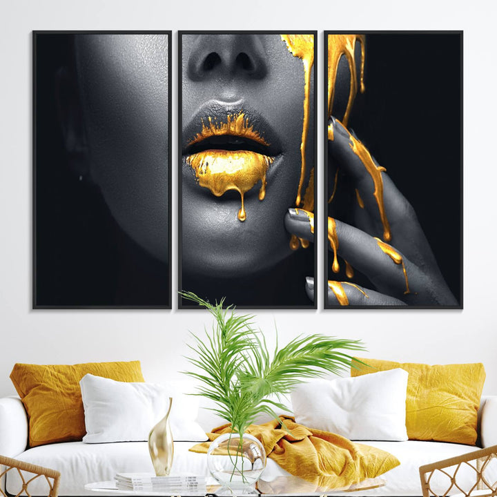 Above the dining area is the Gold Glitter Lips Fashion Makeup canvas wall art.