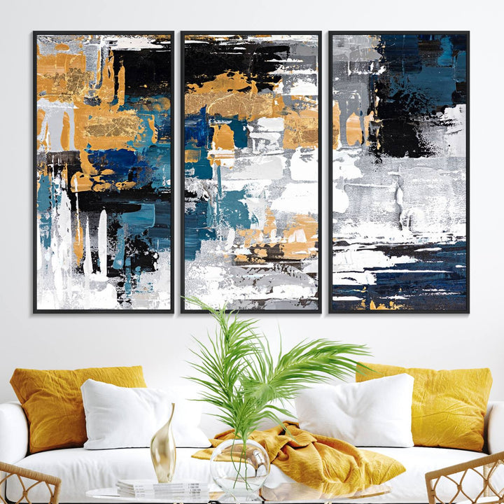 Blue and Gold Abstract Canvas Wall Art hangs prominently.