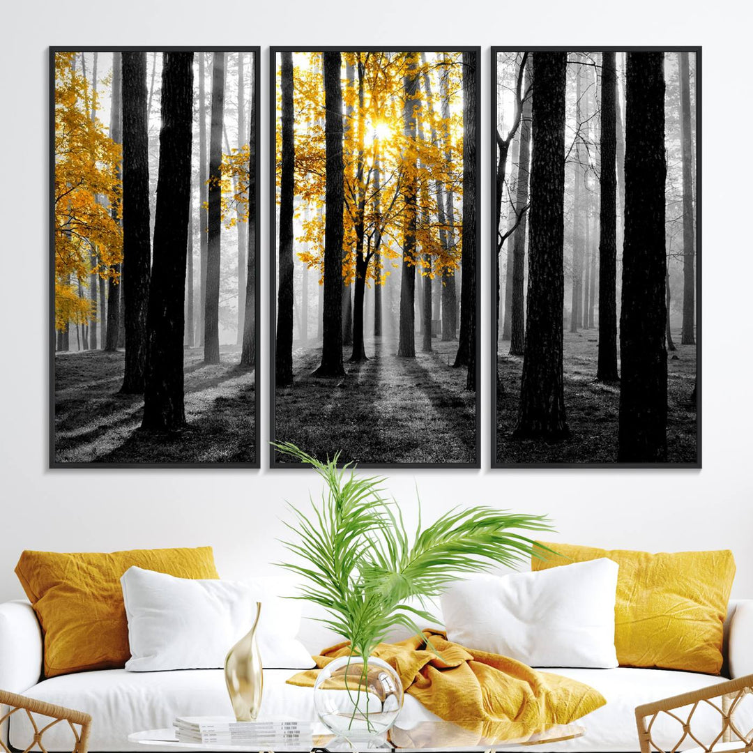 Nature Misty Foggy Autumn Forest Wall Art Print displayed above a modern dining room.