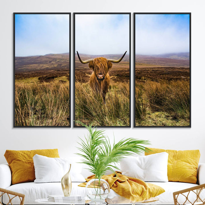 A Scottish Highland Cow art print canvas with UV-protection adorns the wall, preserving vivid details.