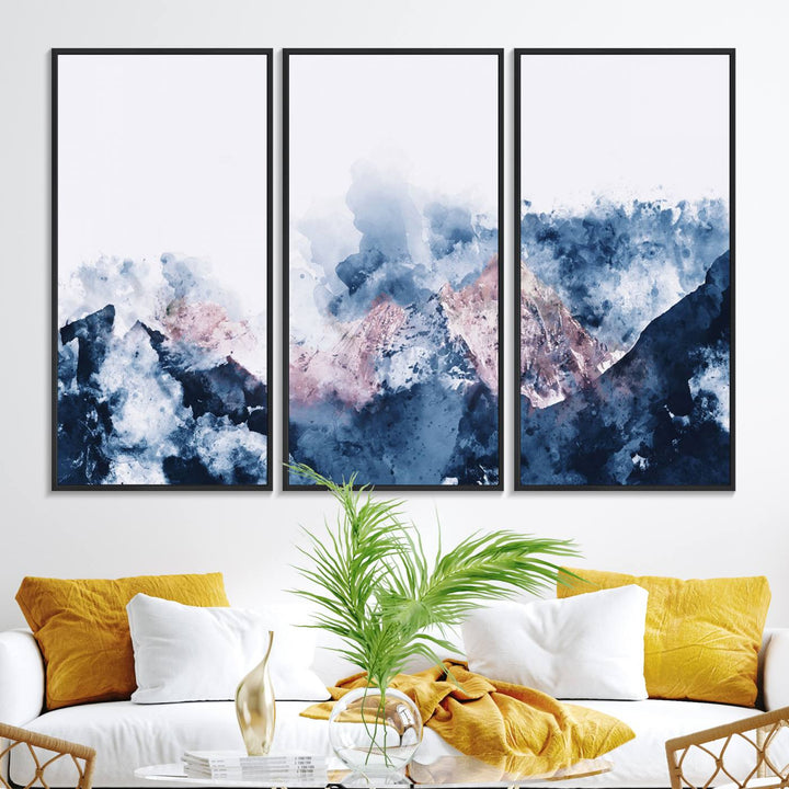 A modern kitchen showcases an Abstract Watercolor Mountain Landscape Art Canvas Print.