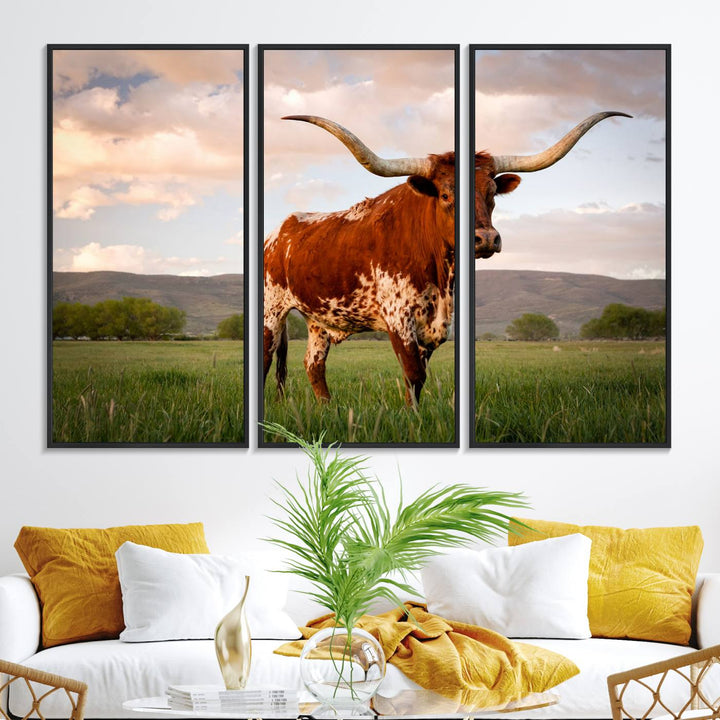 The Texas Cow Canvas Wall Art print captures a longhorn cow at sunset and is ready to hang.