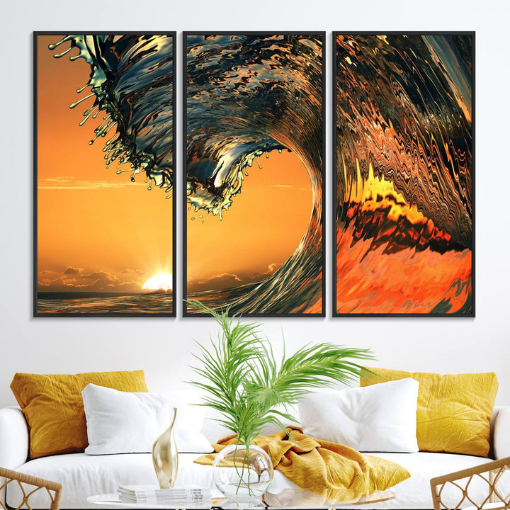 The Ocean Wave With Perfect Sunset canvas wall art adds a striking focal point to the room.