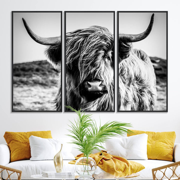 A Black and White Scottish Cow Canvas Print adorns the kitchen wall, perfect for farmhouse decor.