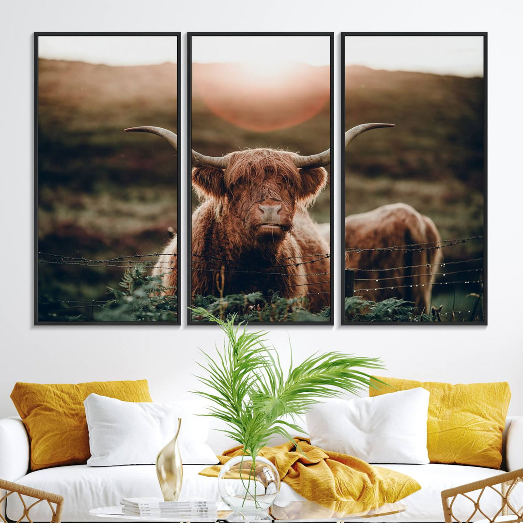 A Highland Cow Animal Canvas Wall Art, featuring a grassy field, is displayed on the wall.