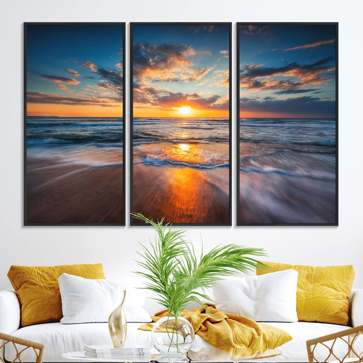 A museum-quality Beautiful Sunset over the Horizon canvas adorns the living room wall.