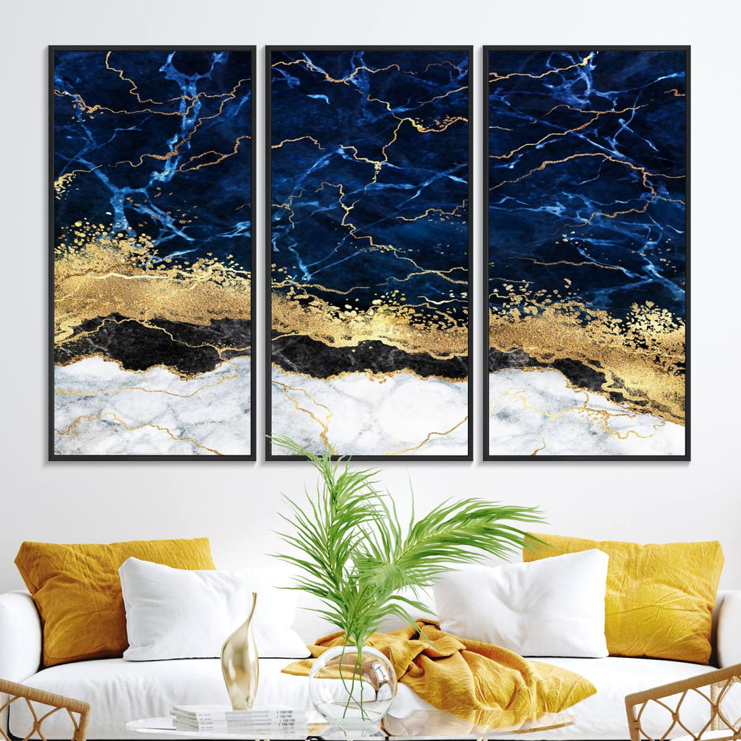 Navy Blue Marble Fluid Effect Canvas Wall Art, featuring a gold and white abstract design, adds a finishing touch to your modern kitchen decor.