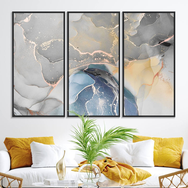 Gray Marble Fluid Effect Abstract Canvas with swirls of gray, gold, and blue.