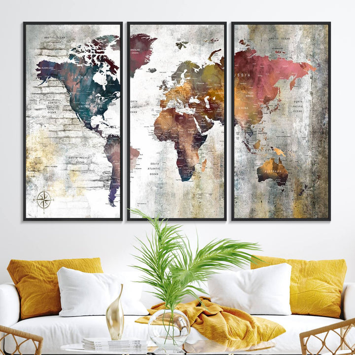 The World Map Wall Art Triptych: a 3-panel canvas featuring a vintage map.