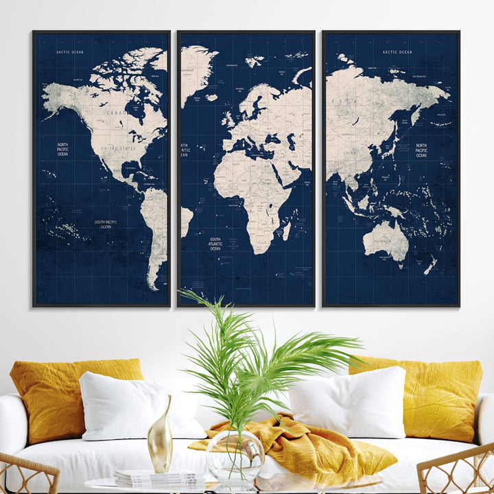 Large modern world map wall art canvas print in beige and navy; showcases a 3-panel vintage map design and is ready to hang.