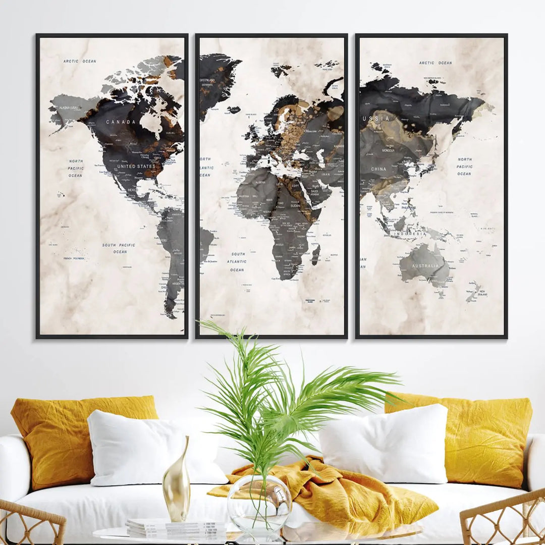 The dining room wall is adorned with the World Map Canvas Print – Earthy Triptych Wall Art, a vintage global map decor featuring dark continents.