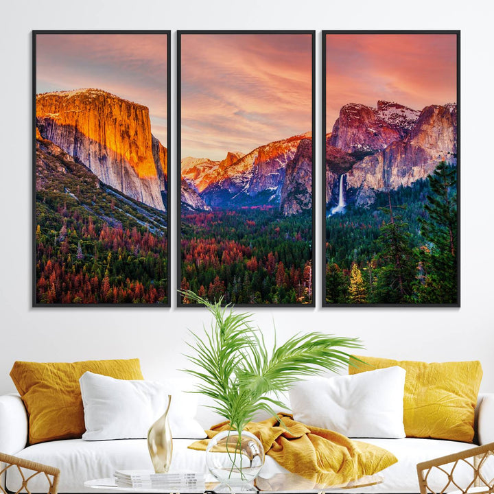 An El Capitan Yosemite Canvas showcasing a sunset over a mountain valley.