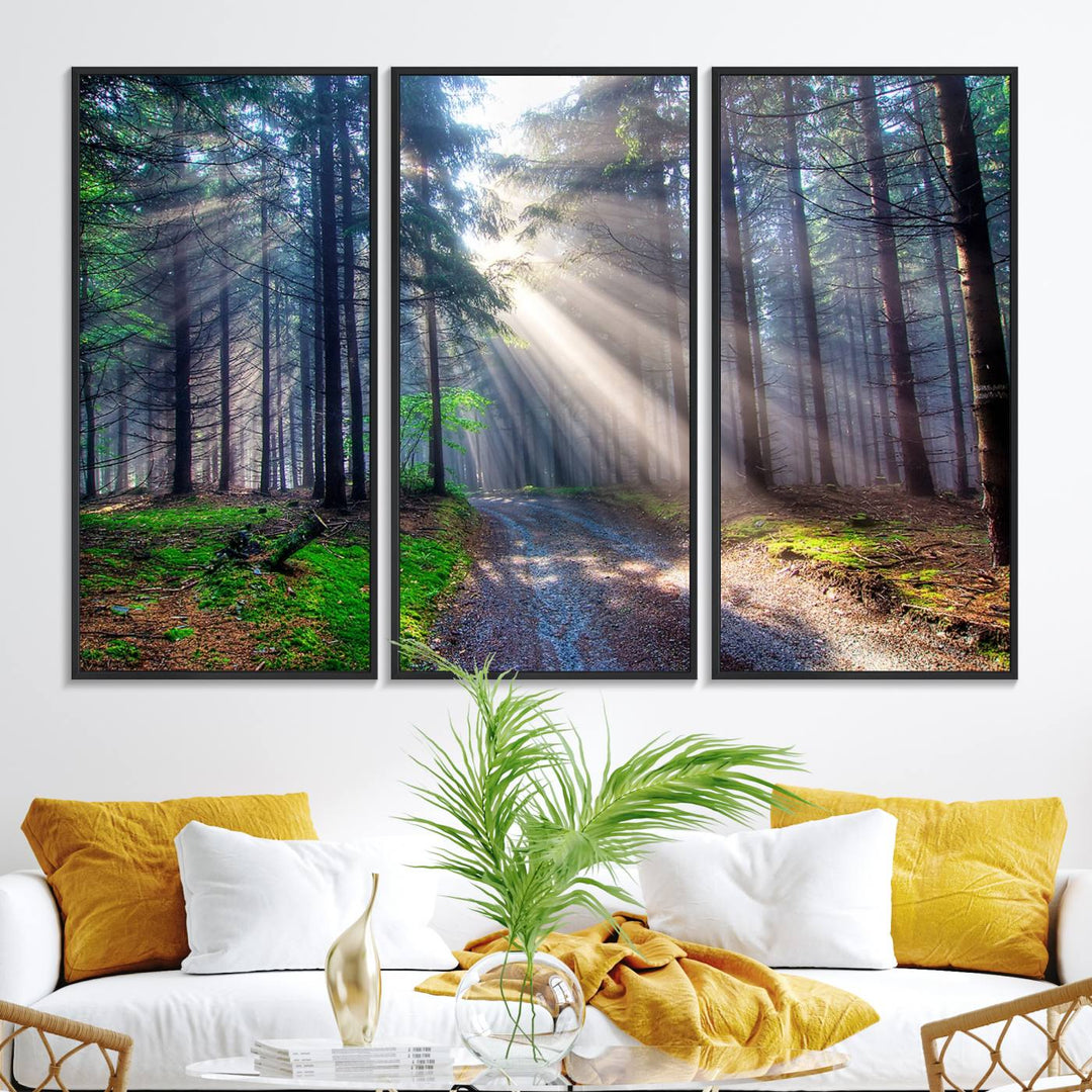 The dining area features a 3-panel Forest Path Canvas showcasing sun rays filtering through a misty forest.