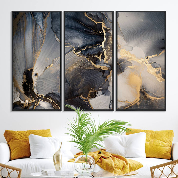 A Modern Marble Fluid Effect Abstract Wall Art with black, white, and gold swirls hangs in a modern kitchen.